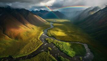 Majestic mountain range reflects in tranquil water, creating panoramic beauty generated by AI photo