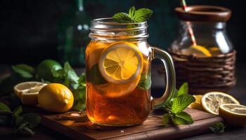 Fresco limonada en un de madera mesa, un refrescante verano bebida generado por ai foto