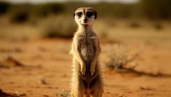 Cute meerkat standing in the wilderness, alertly watching the surroundings generated by AI photo