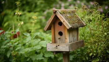 A cute birdhouse on a tree branch in a green forest generated by AI photo