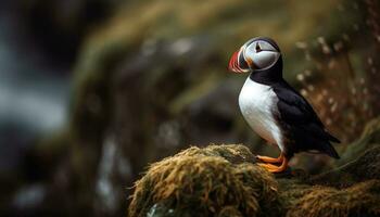 A colorful puffin perched on a cliff, watching birds in nature generated by AI photo