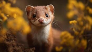 Cute furry ferret sitting in the grass, looking at camera generated by AI photo