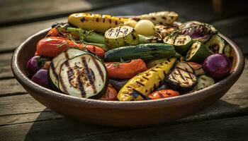 Grilled vegetables on wooden table, a healthy and colorful meal generated by AI photo