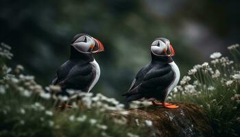 A beautiful Atlantic puffin perched on a cliff, looking at camera generated by AI photo