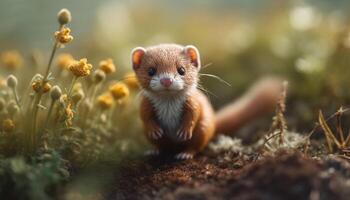 linda pequeño gatito sentado en césped, mirando a cámara en broma generado por ai foto