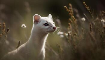 Cute kitten sitting in grass, looking at camera with curiosity generated by AI photo