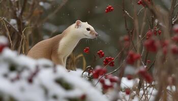 Cute mammal sitting on branch, looking at green grass generated by AI photo