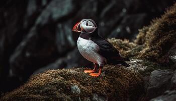 Atlantic puffin perching on a cliff, showcasing its multi colored feathers generated by AI photo