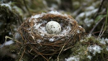 A small bird hatches in a nest on a tree branch generated by AI photo