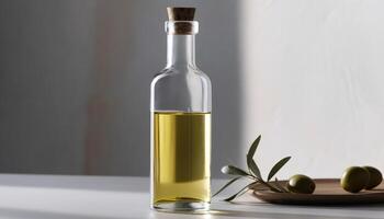 Fresh olive oil, nature healthy condiment, in transparent glass bottle generated by AI photo