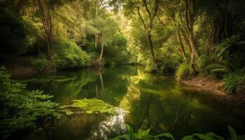 The green forest reflects in the tranquil pond, pure beauty generated by AI photo