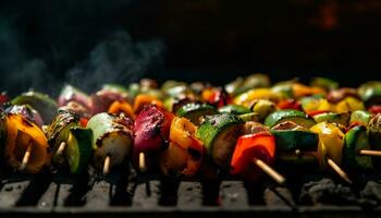 Grilled meat and vegetables on a barbecue, a summer picnic feast generated by AI photo