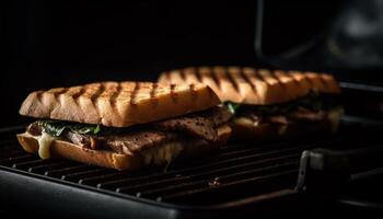 Grilled meat sandwich, freshness and gourmet in a lunch meal generated by AI photo