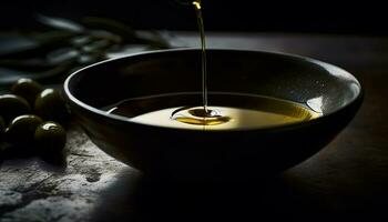 Freshness and nature pour into the bowl of organic olive oil generated by AI photo