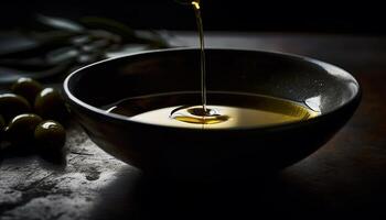 Freshness and nature pour into the bowl of organic olive oil generated by AI photo