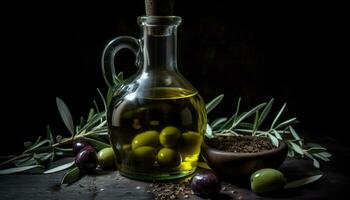 Fresh olive oil, nature healthy liquid, Mediterranean culture gourmet condiment generated by AI photo