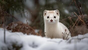 un linda pequeño gatito sentado en el Nevado invierno bosque generado por ai foto