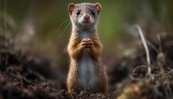 A cute, small mongoose sitting in the grass, looking alert generated by AI photo