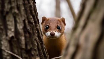 Cute mammal sitting on branch, looking at camera in forest generated by AI photo