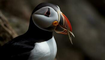 Close up of a colorful puffin, a beautiful endangered sea bird generated by AI photo