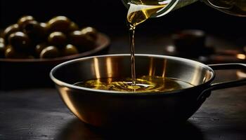 Pouring olive oil into a bowl, fresh and gourmet cooking generated by AI photo
