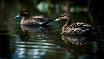 A beautiful duckling quacks by the tranquil pond in nature generated by AI photo