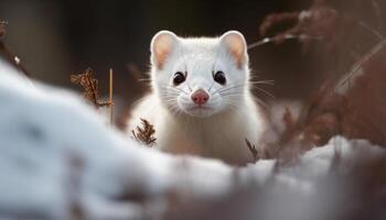 A cute furry ferret sitting on a snowy branch outdoors generated by AI photo