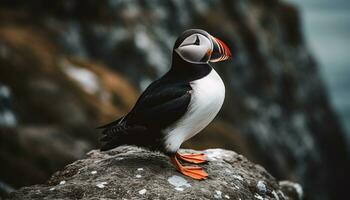 A beautiful Atlantic puffin perching on a rock by the sea generated by AI photo