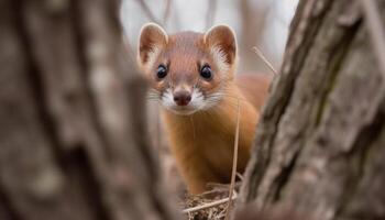Cute mammal sitting on branch, looking at camera with curiosity generated by AI photo