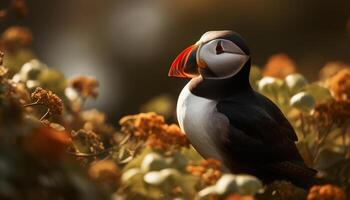 A colorful puffin perched on a branch, looking at the sea generated by AI photo