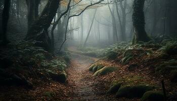 Mysterious fog blankets autumn forest, revealing nature spooky beauty generated by AI photo