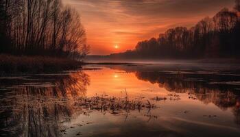 Sunset over tranquil pond, reflecting the beauty of nature twilight generated by AI photo