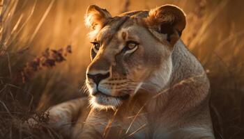 majestuoso leona descansando en el salvaje, mirando a tranquilo amanecer generado por ai foto