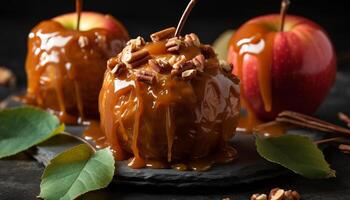 Fresh apple slice on wood table, a healthy autumn dessert generated by AI photo