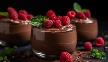 gastrónomo postre frambuesa mousse con oscuro chocolate y Fresco bayas generado por ai foto