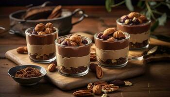 Homemade gourmet dessert chocolate mousse with fresh fruit and nuts generated by AI photo