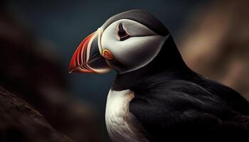 Close up of a cute puffin with multi colored feathers and beak generated by AI photo