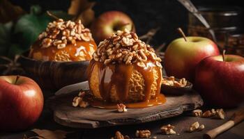 Fresh apple pie on a rustic wooden table, a sweet indulgence generated by AI photo