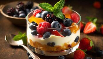 Blueberry, raspberry, and strawberry parfait with yogurt and granola generated by AI photo