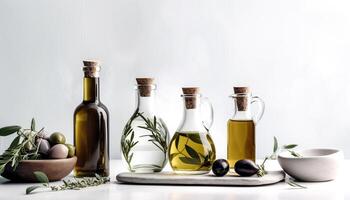 Fresh olive oil, nature healthy cooking ingredient, in a wooden bottle generated by AI photo