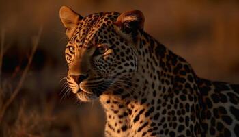 Cheetah, majestic and wild, walking in African savannah at sunset generated by AI photo