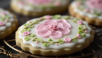 Homemade gourmet dessert, a sweet indulgence with pink icing decoration generated by AI photo