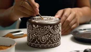 A woman hand making homemade chocolate dessert on kitchen table generated by AI photo