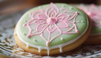 Homemade gourmet cookie with pink icing on a decorative plate generated by AI photo