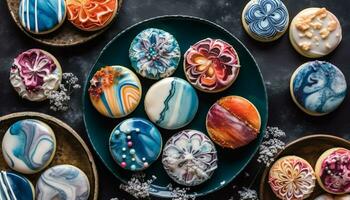 Multi colored decoration patterns on homemade souvenir cookies generated by AI photo