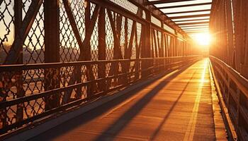 puesta de sol silueta moderno puente, acero marco, desvanecimiento punto, iluminado por luz de sol generado por ai foto