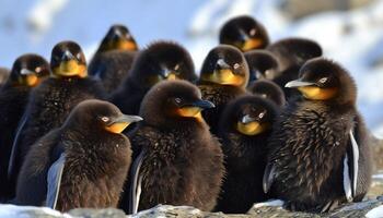 Cute duckling standing in a row, looking at the pond generated by AI photo