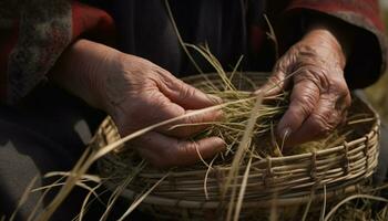 A farmer weaving organic wool, holding a basket of harvested crops generated by AI photo