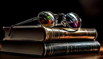 A collection of old textbooks on a wooden bookshelf generated by AI photo