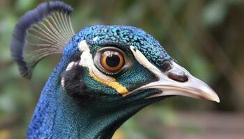 A majestic peacock with vibrant feathers looks into the camera generated by AI photo
